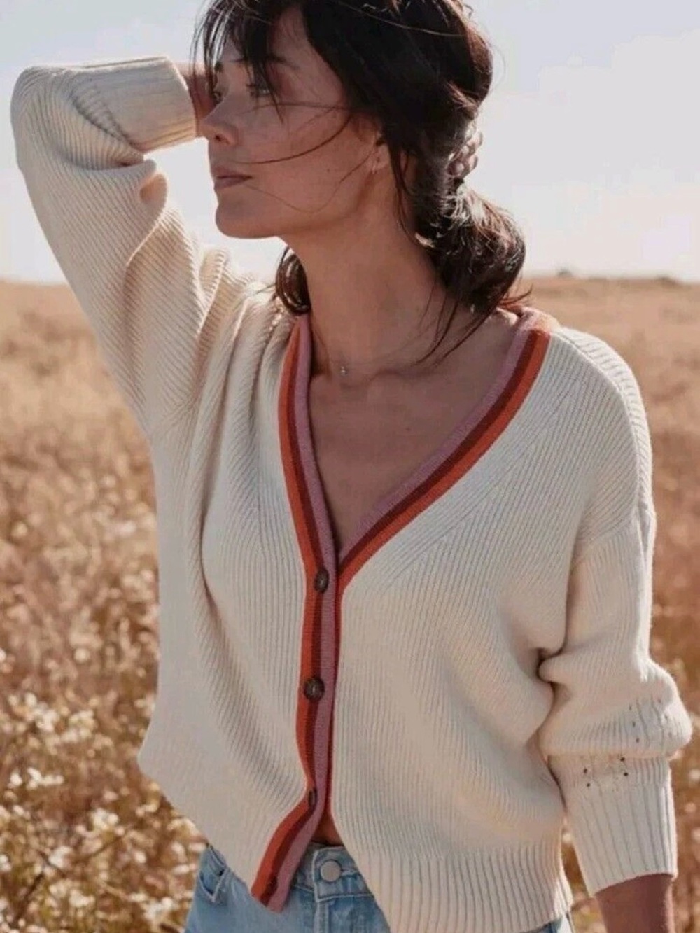 Marine Layer Cream Ribbed V-Neck Cardigan with Orange & Rust Trim